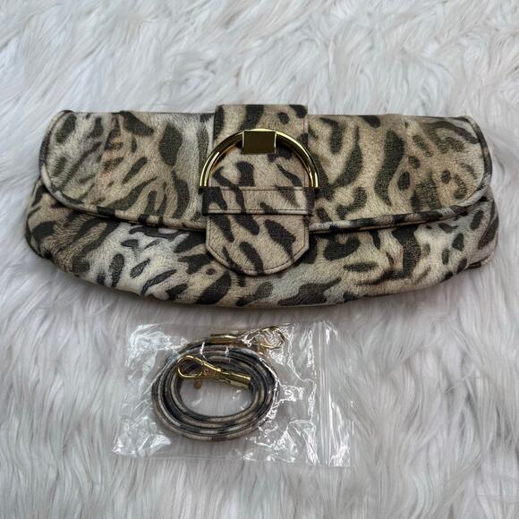 Stuart Weitzman Leopard Print Gold Metallic Clutch with Shoulder Strap - Picture 3 of 11